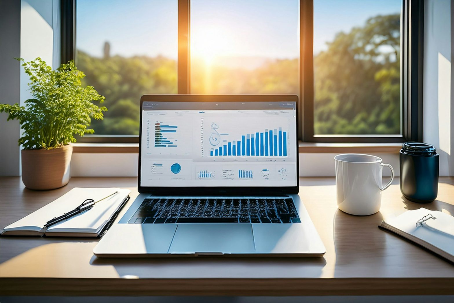 A laptop showing charts on a desk by a sunny window